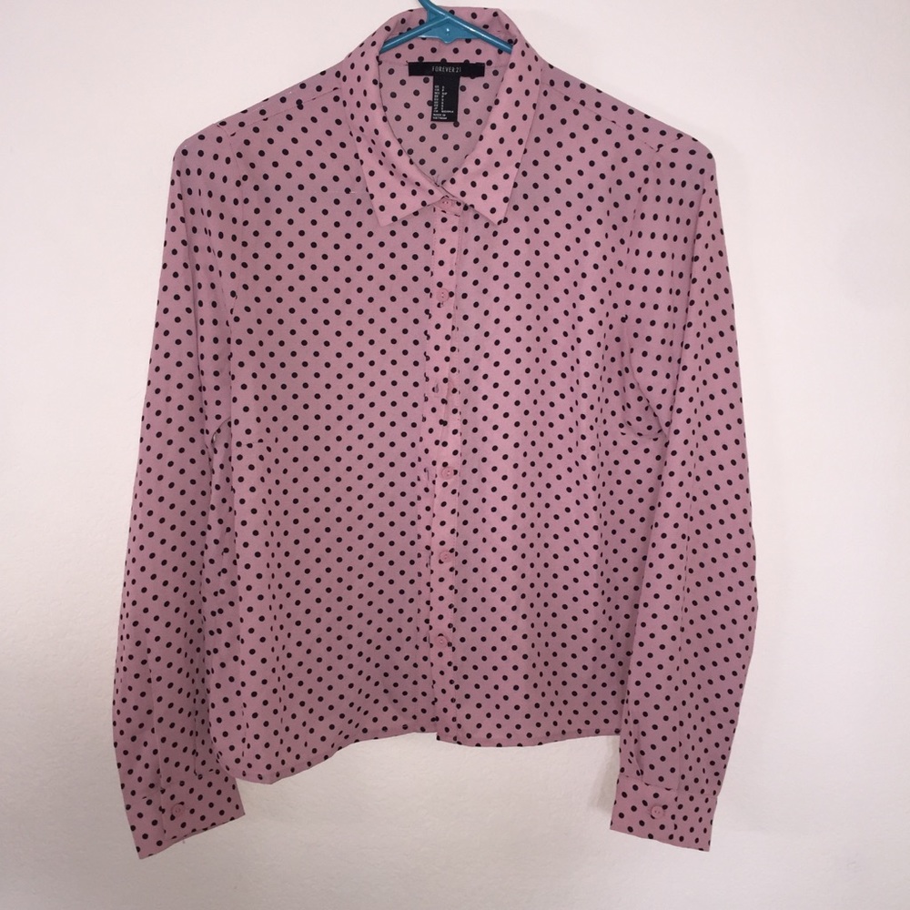 pink and black polka dot blouse